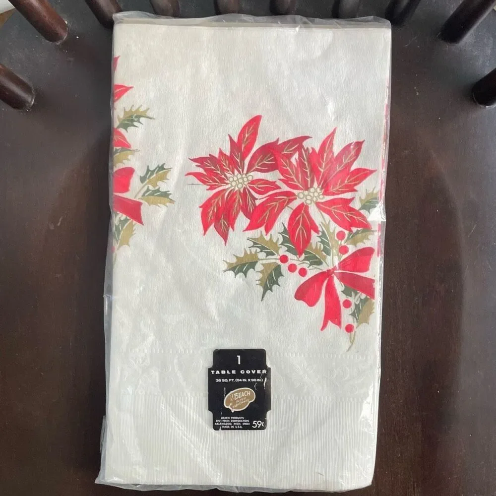 NOS NIP Vintage 60s 70s Paper Tablecloth Poinsetta 96” x 54”